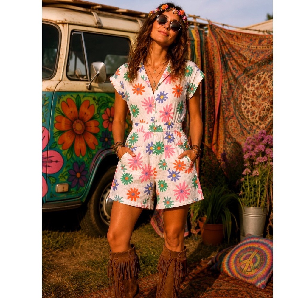 Baevely Womens Floral Denim Romper White Multicolored Button Front Size L boho